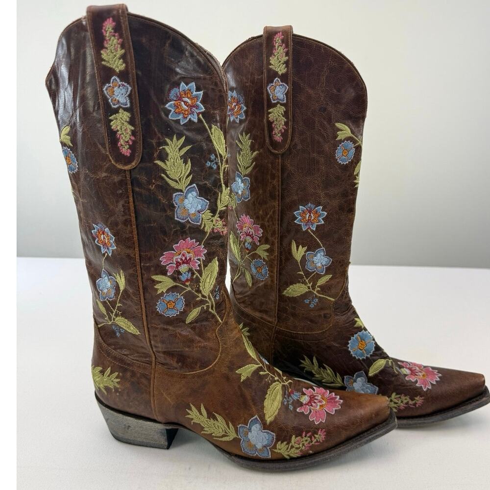 Lane Bella Floral Embroidered Western Cowboy Boots Brown Leather Rare Size 9.5